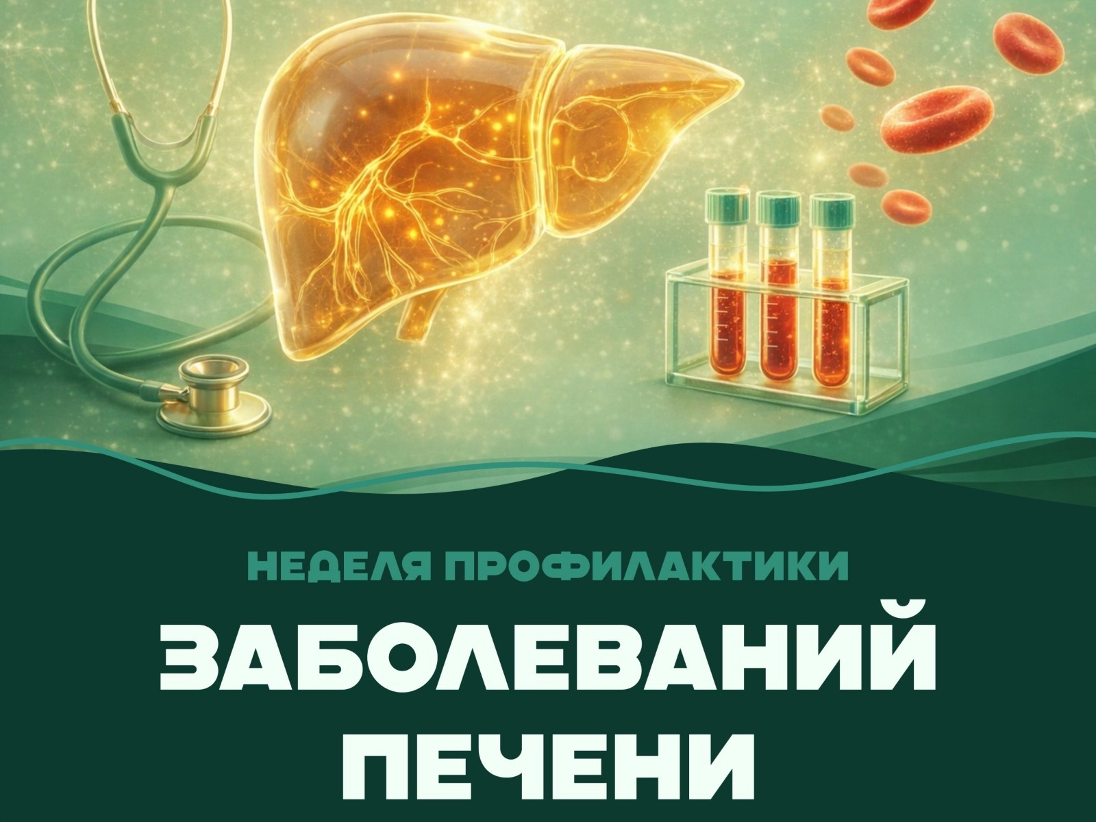 На изображении печень, пробирки с кровью, стетоскоп и надпись "Неделя профилактики заболеваний печени". Фон зелёный и бирюзовый..
