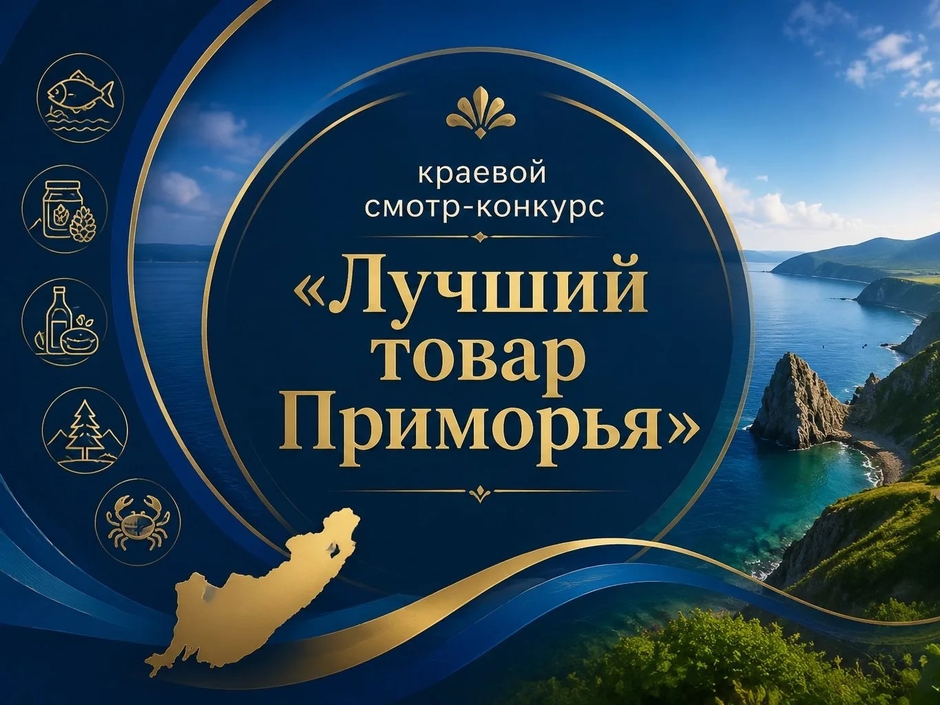 Изображение представляет собой рекламный плакат конкурса «Лучший товар Приморья». На фоне видны море, скалы и зелёные холмы. Присутствуют значки с символами товаров..